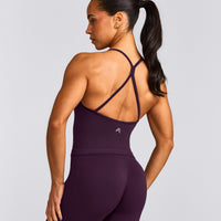EnhanceLift™ Seamless Strappy Racer Tank Top with Built in Bra Shelf with Grey Logo | Blackberry Purple