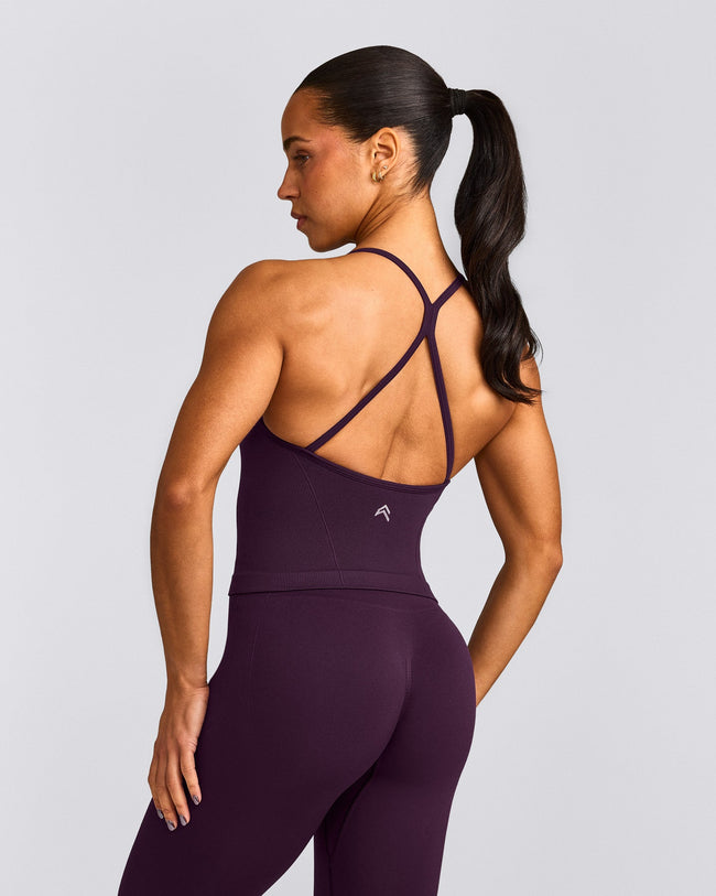 EnhanceLift™ Seamless Strappy Racer Tank Top with Built in Bra Shelf with Grey Logo | Blackberry Purple