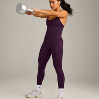 EnhanceLift™ Seamless Strappy Racer Vest with Built in Bra Shelf with Grey Logo | Blackberry Purple