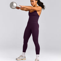 EnhanceLift™ Seamless Strappy Racer Tank Top with Built in Bra Shelf with Grey Logo | Blackberry Purple