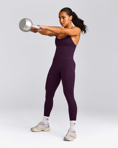 EnhanceLift™ Seamless Strappy Racer Tank Top with Built in Bra Shelf with Grey Logo | Blackberry Purple