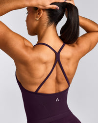 EnhanceLift™ Seamless Strappy Racer Tank Top with Built in Bra Shelf with Grey Logo | Blackberry Purple