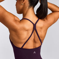 EnhanceLift™ Seamless Strappy Racer Tank Top with Built in Bra Shelf with Grey Logo | Blackberry Purple