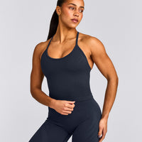 EnhanceLift™ Seamless Strappy Racer Tank Top with Built in Bra Shelf with Grey Logo | True Blue