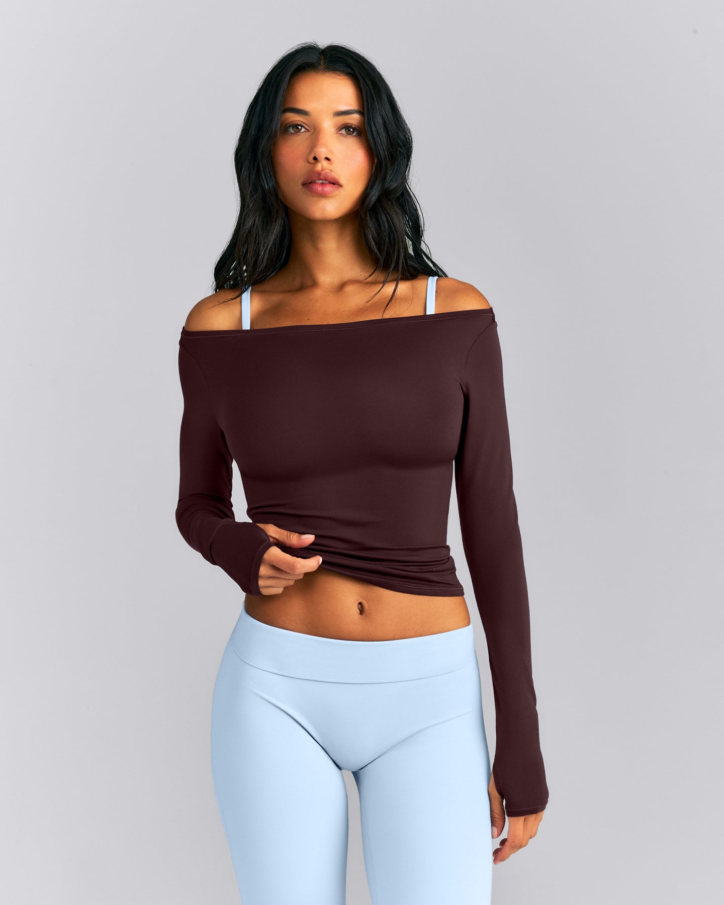 FormeSoft™ Fitted Off-The-Shoulder Long Sleeve Top | Plum Brown
