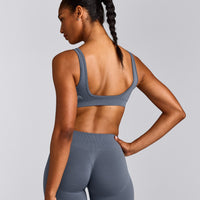 EffortlessLift™ Square Neck Sports Bra with Grey Logo | Light Granite Blue
