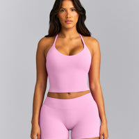 SoftMotion™ Strappy Halter Neck Mid Tank Top with Built in Bra Shelf New Branding | Rose Pink