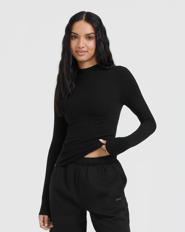 Mellow Rib Mock Neck Long Sleeve Top Black