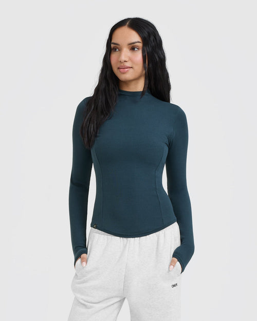 Oner Modal Mellow™ Rib Mock Neck Long Sleeve Top | Oil Blue