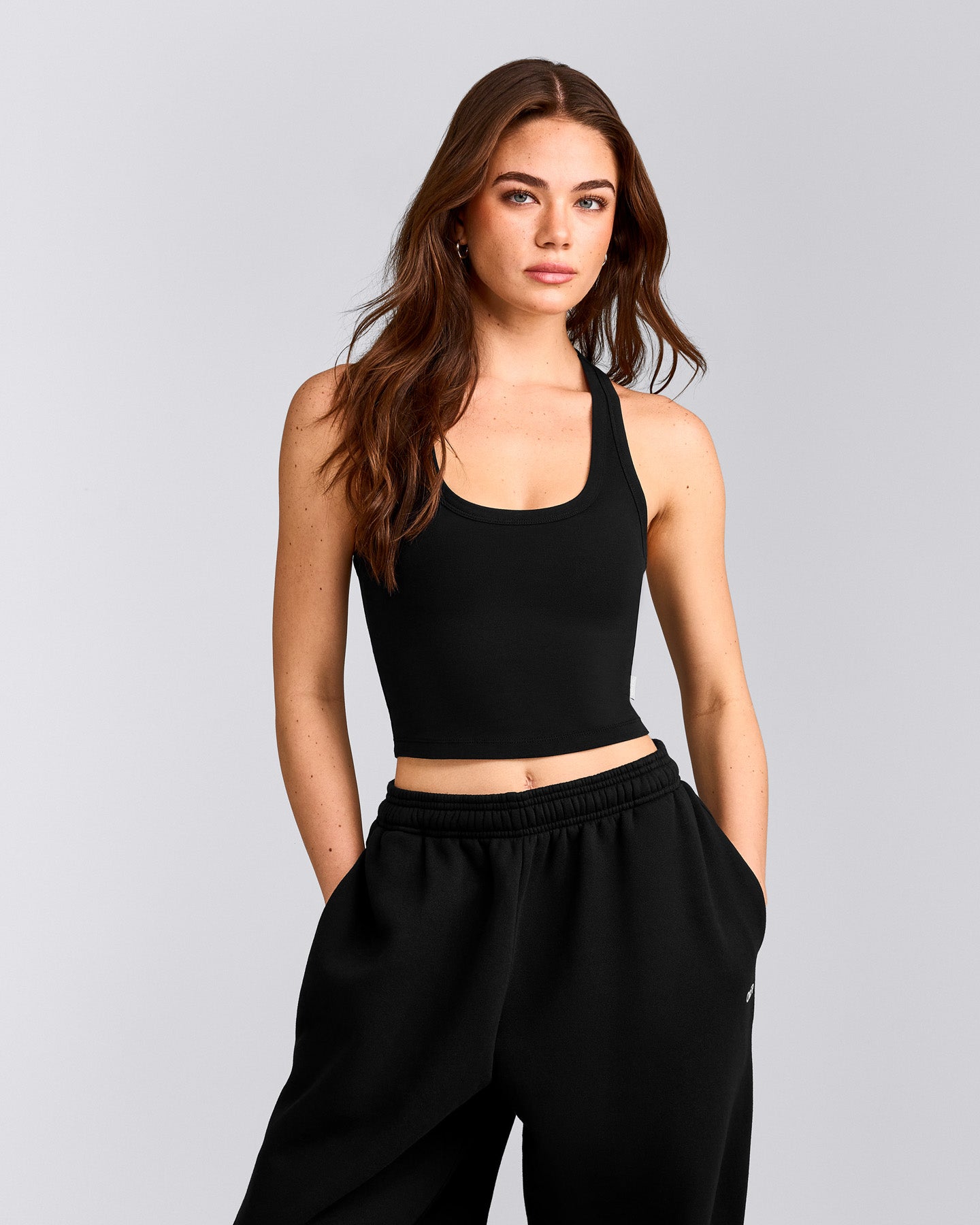 Cotton Fitted Mid Tank Top with Grey Logo | Black