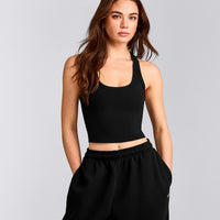 Cotton Fitted Mid Tank Top with Grey Logo | Black