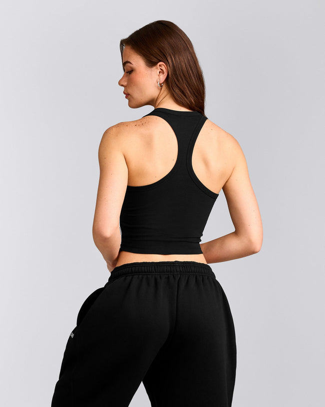 Cotton Fitted Mid Tank Top with Grey Logo | Black