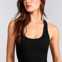 Cotton Fitted Mid Tank Top with Grey Logo | Black