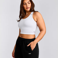 Cotton Fitted Mid Tank Top with Grey Logo | White