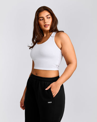 Cotton Fitted Mid Tank Top with Grey Logo | White