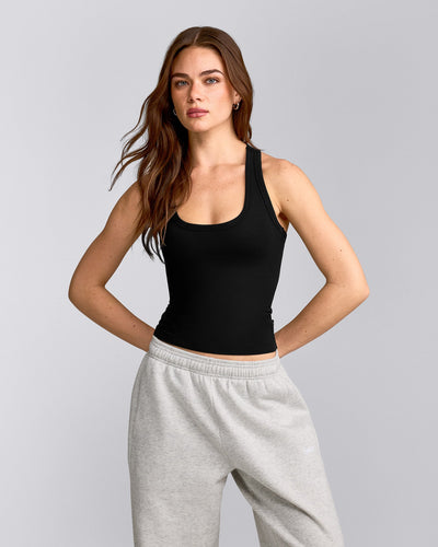 Cotton Fitted Tank Top with Grey Logo | Black