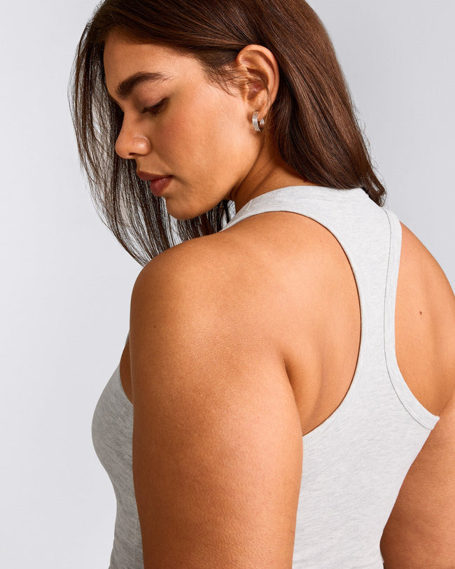 Cotton Fitted Tank Top with Grey Logo | Light Grey Marl