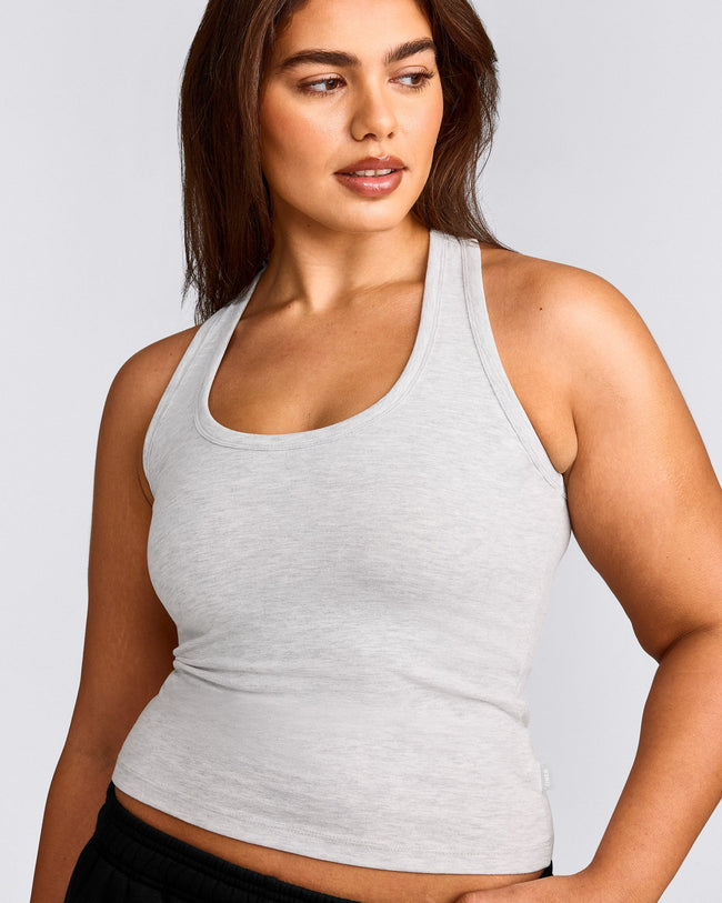 Cotton Fitted Tank Top with Grey Logo | Light Grey Marl