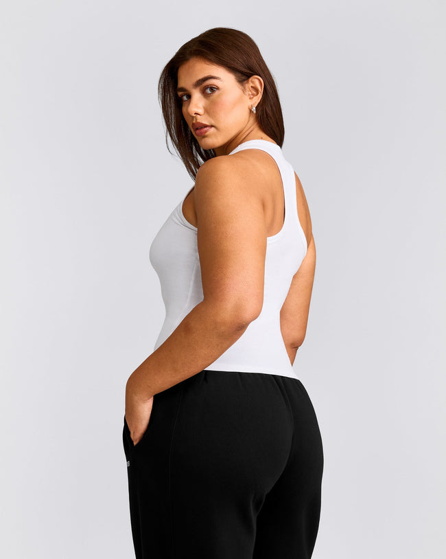 Cotton Fitted Tank Top with Grey Logo | White