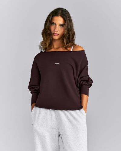 Cotton Vintage Lounge Off-The-Shoulder Sweatshirt | Washed Plum Brown