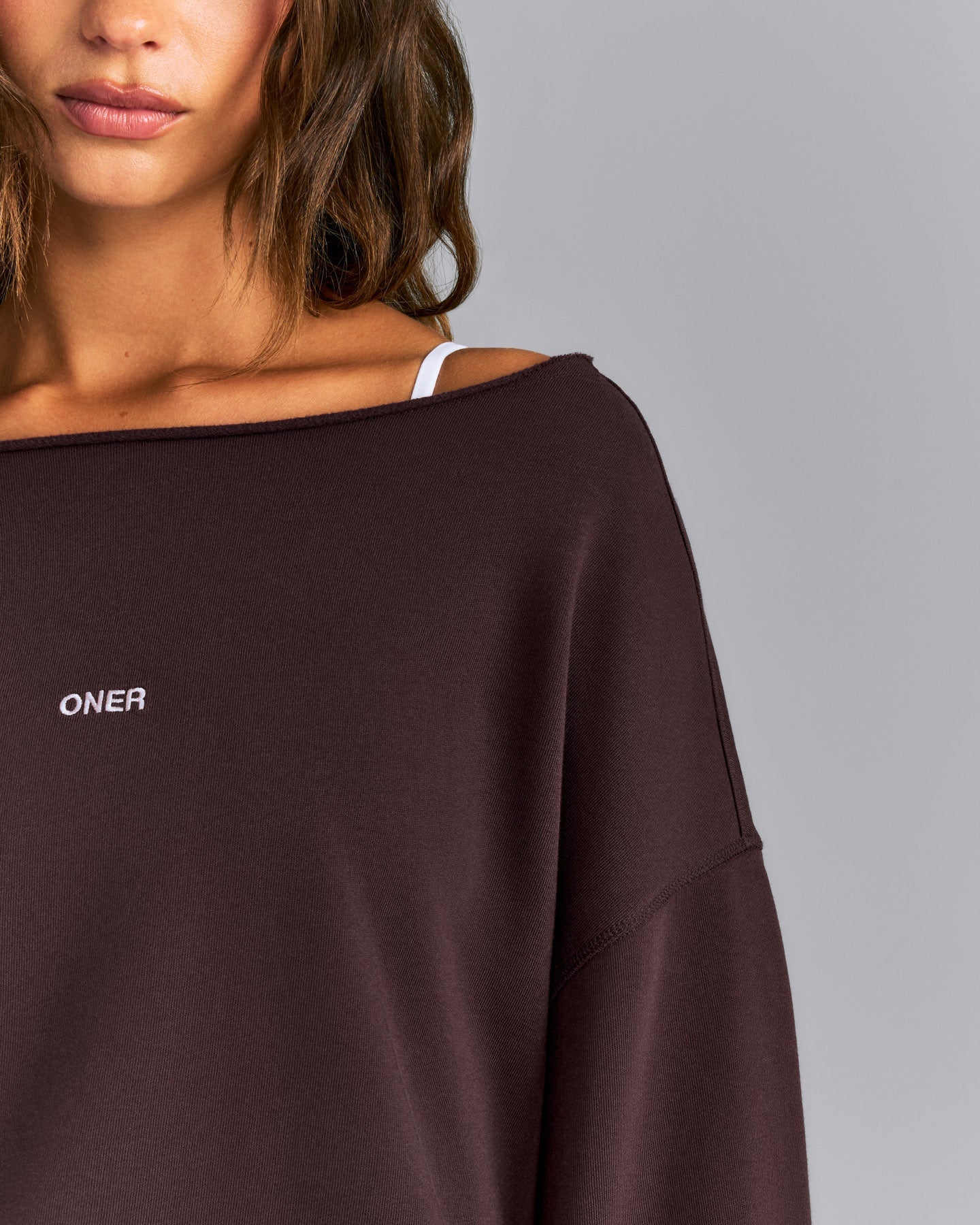 Cotton Vintage Lounge Off-The-Shoulder Sweatshirt | Washed Plum Brown