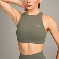EasyLift™ High Neck Sports Bra with Grey Logo | Alpine Green