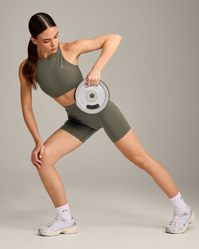 EasyLift™ High Neck Sports Bra with Grey Logo | Alpine Green