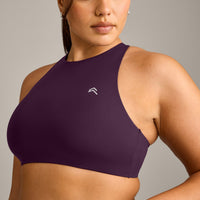 EasyLift™ High Neck Sports Bra with Grey Logo | Blackberry Purple