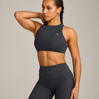 EasyLift™ High Neck Sports Bra with Grey Logo | Coal