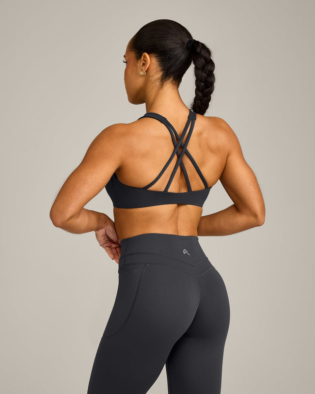 EasyLift™ High Neck Sports Bra with Grey Logo | Coal