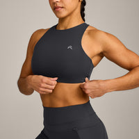 EasyLift™ High Neck Sports Bra with Grey Logo | Coal