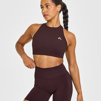 EasyLift™ High Neck Sports Bra with White Logo | Plum Brown