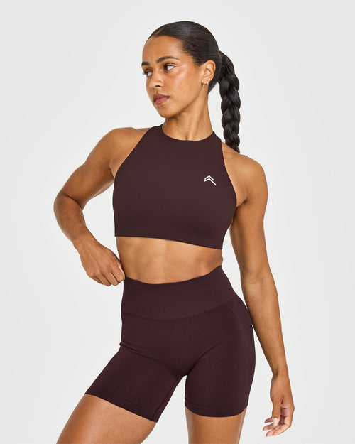 Oner Modal EasyLift™ High Neck Sports Bra with White Logo | Plum Brown