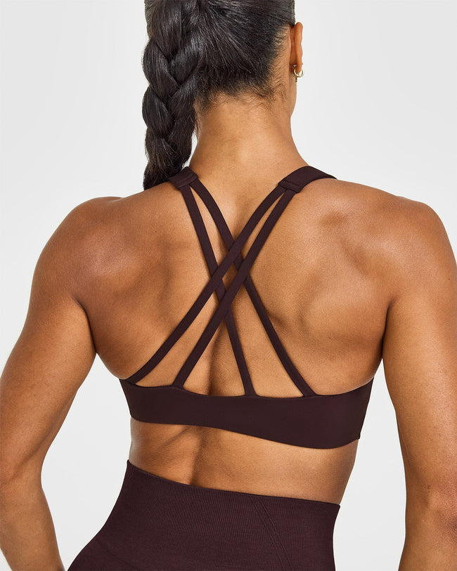 EasyLift™ High Neck Sports Bra with White Logo | Plum Brown