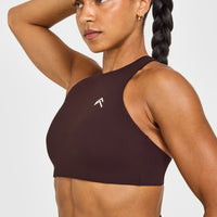 EasyLift™ High Neck Sports Bra with White Logo | Plum Brown