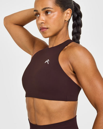 EasyLift™ High Neck Sports Bra with White Logo | Plum Brown