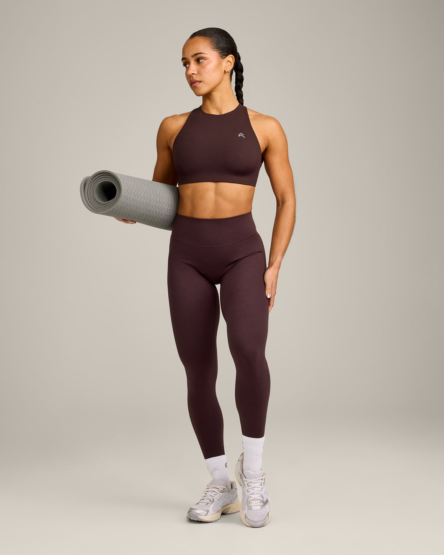 EasyLift™ High Neck Sports Bra with Grey Logo | Plum Brown