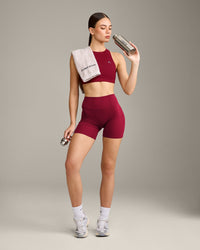 EasyLift™ High Neck Sports Bra with Grey Logo | Ruby Red