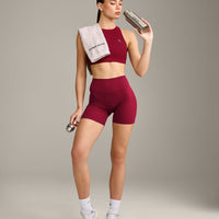 EasyLift™ High Neck Sports Bra with Grey Logo | Ruby Red