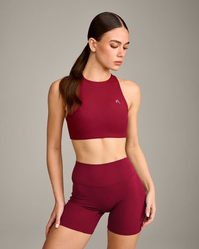EasyLift™ High Neck Sports Bra with Grey Logo | Ruby Red