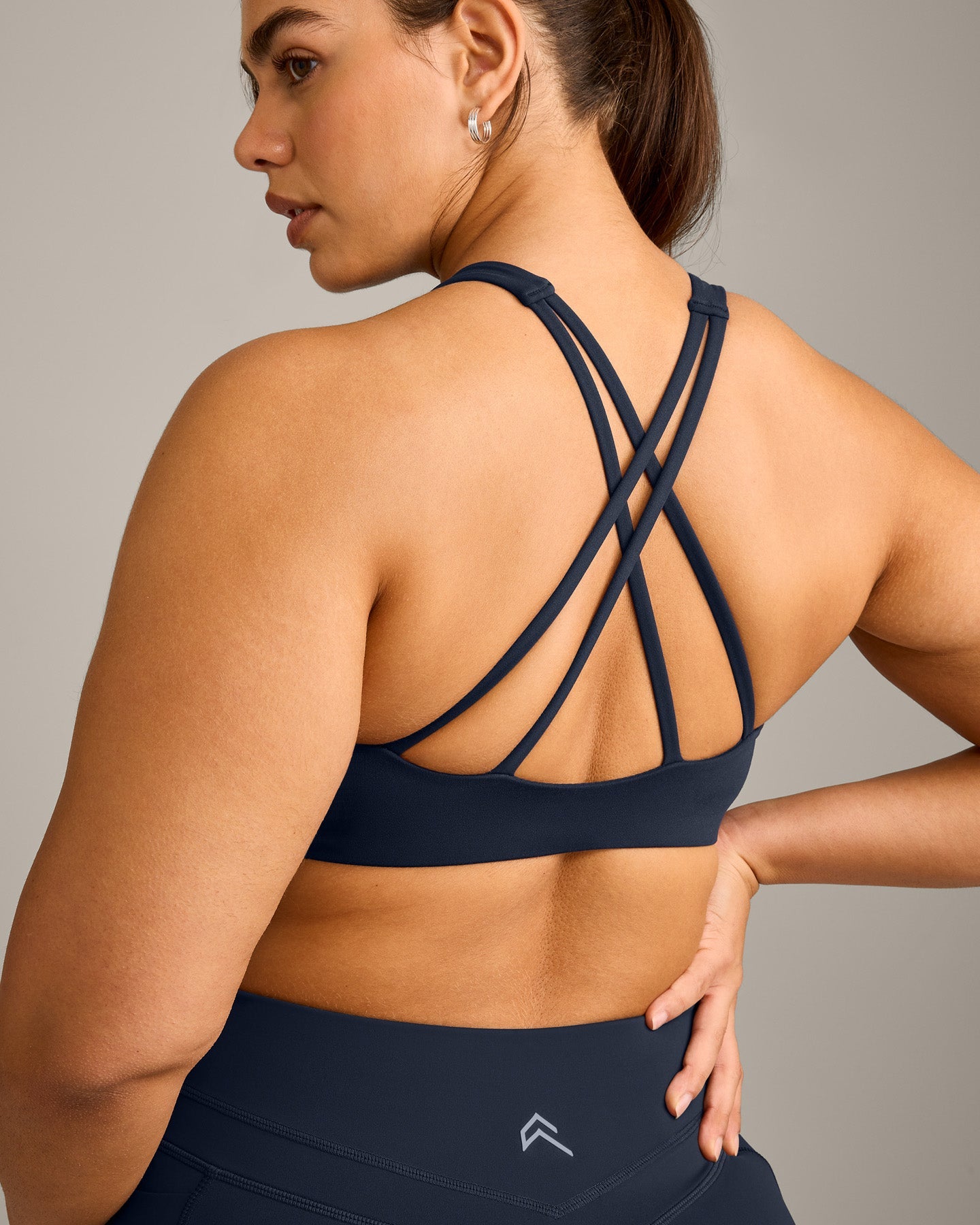 EasyLift™ High Neck Sports Bra with Grey Logo | True Blue