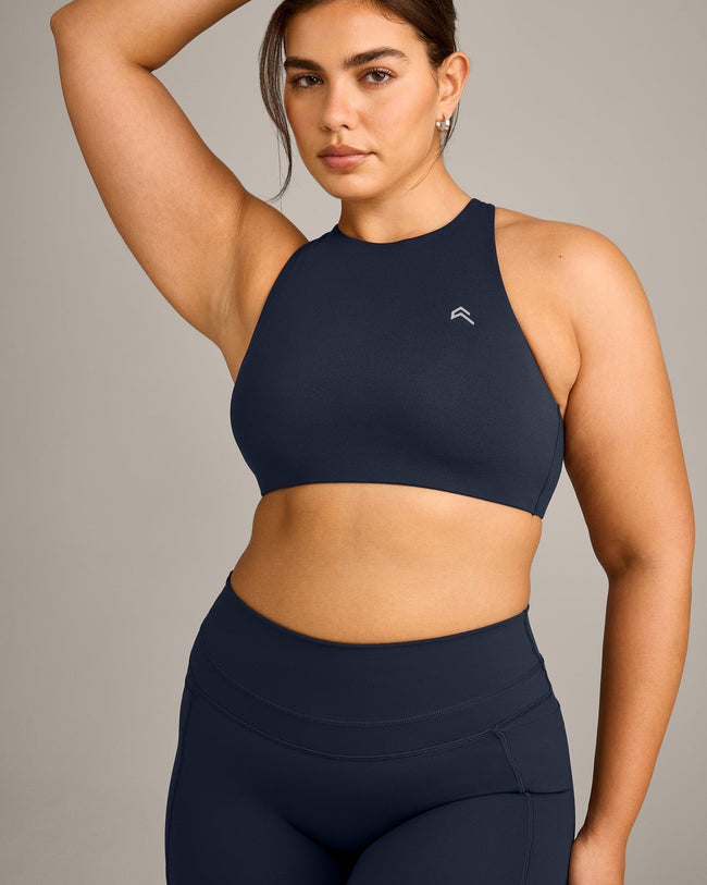 EasyLift™ High Neck Sports Bra with Grey Logo | True Blue