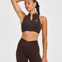 EasyLift™ Zip High Neck Sports Bra with White Logo | 70% Cocoa