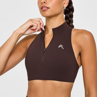 EasyLift™ Zip High Neck Sports Bra with White Logo | 70% Cocoa