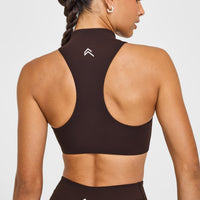 EasyLift™ Zip High Neck Sports Bra with White Logo | 70% Cocoa