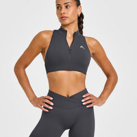 EasyLift™ Zip High Neck Sports Bra with White Logo | Coal
