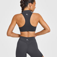 EasyLift™ Zip High Neck Sports Bra with White Logo | Coal