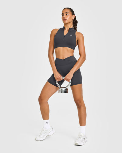 EasyLift™ Zip High Neck Sports Bra with White Logo | Coal
