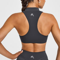 EasyLift™ Zip High Neck Sports Bra with White Logo | Coal