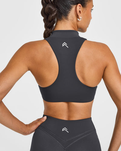 EasyLift™ Zip High Neck Sports Bra with White Logo | Coal
